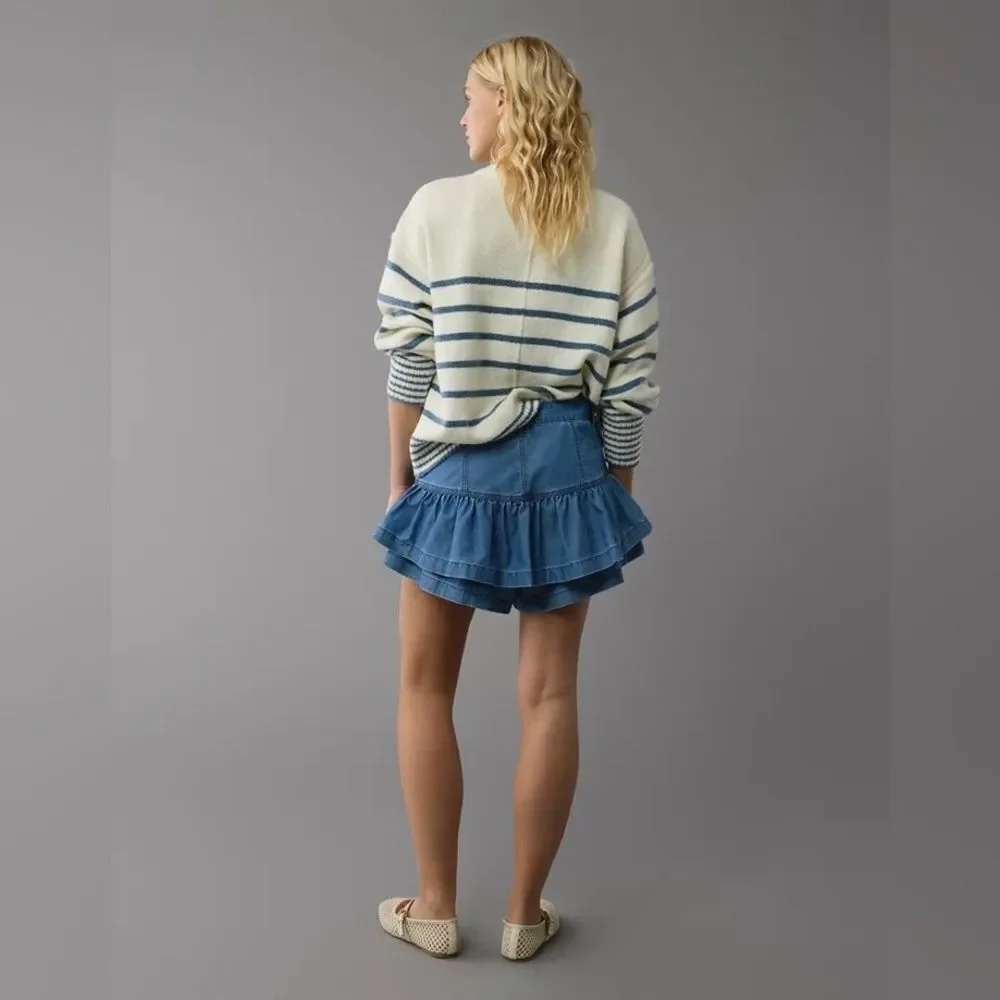 American Eagle Blue‎ Denim Tiered Ruffle Skort Medium Wash Womens Size 10